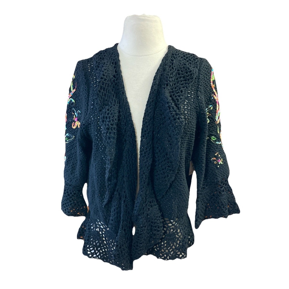 Christina Rotelli Crocheted Cardigan Vtg Sz XL‎ Black Jeweled Open Front Whimsy